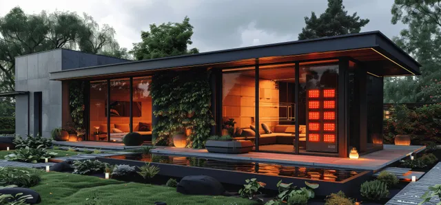 Modern home energy storage system with glowing battery modules near garage at dusk