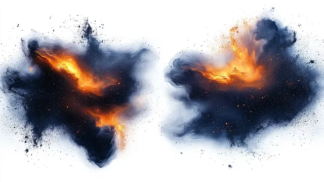 Two contrasting orange flames erupting in black smoke clouds on a white background