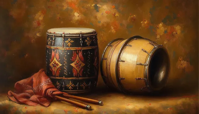 Two decorated hand drums with wooden drumsticks rest on red cloth against a warm textured background.