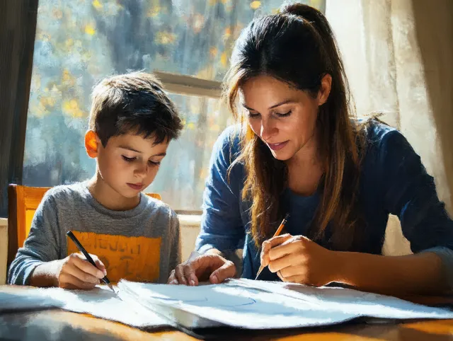 Mother helps son write homework at the dining table under warm window light