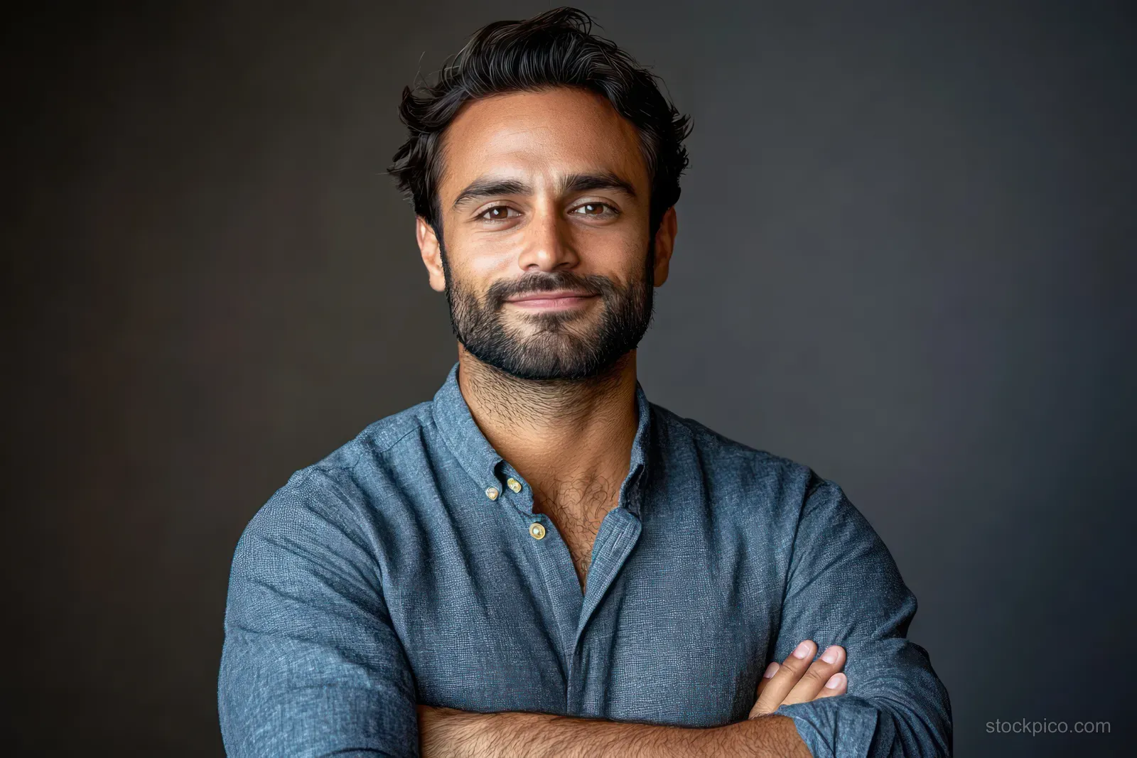 Confident Indian businessman with crossed arms in a studio, blue shirt, and soft gray neutral background.