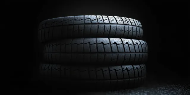 Stacked car tires sit in dramatic side lighting on a black background, highlighting detailed tread patterns.