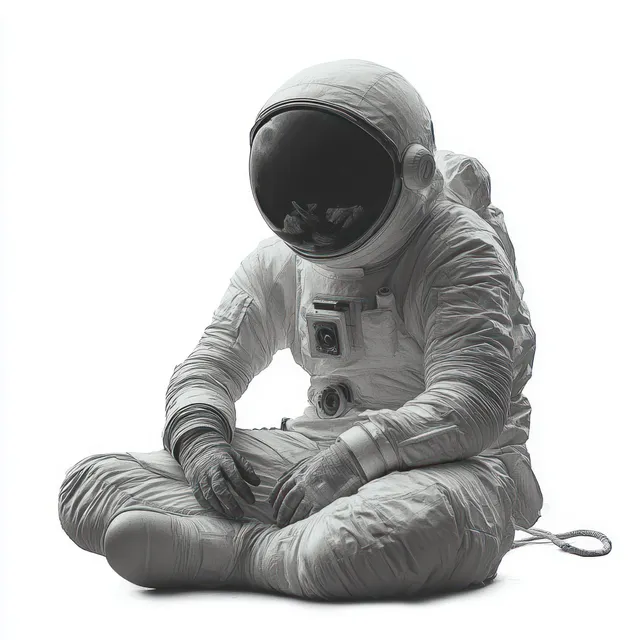 Astronaut in a white spacesuit sits on the ground with a reflective helmet visor against a plain white background.