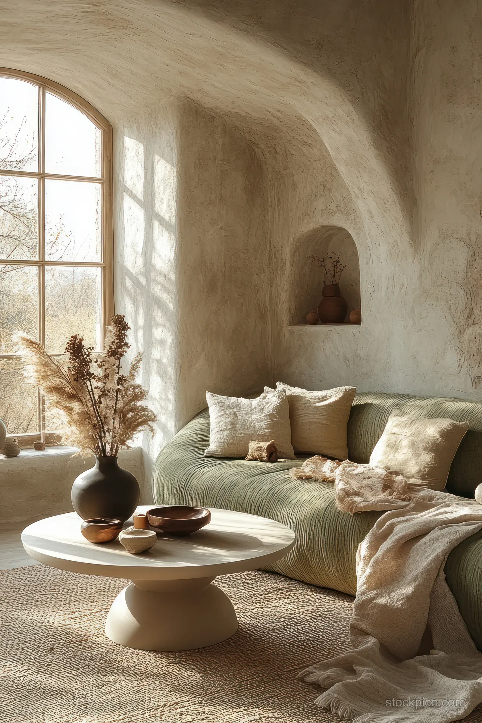 Cream sofa in a curved living room with round side tables, arched window light, and stone-texture walls.