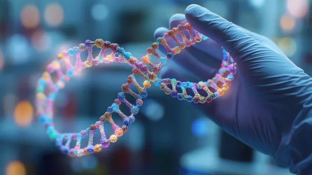 A blue-gloved hand holds a colorful DNA double helix model in front of a blurred laboratory.