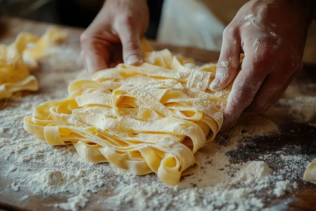Hands fold flour-dusted fresh pasta noodles on a wooden countertop while preparing dough.