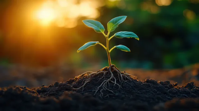 Young green seedling with exposed roots emerging from rich soil under warm sunrise light