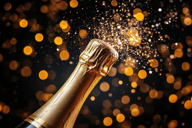 Champagne bottle with popping cork surrounded by golden sparkles and bubbles on a dark background.