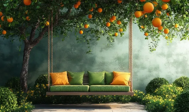Orange-cushioned swing bench hanging in a garden, surrounded by citrus leaves and soft mist