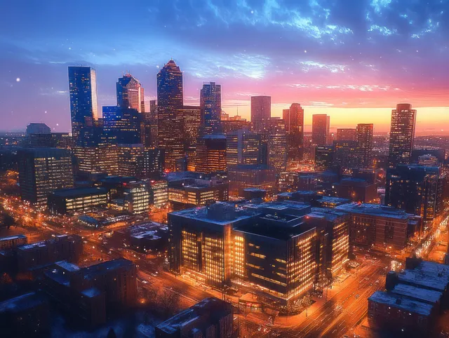 Illuminated skyscrapers and glowing street lights under a purple and orange sunset sky in a city skyline view.
