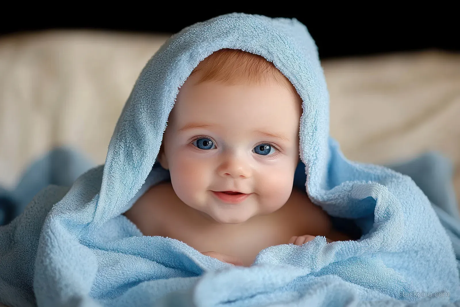 A baby with blue eyes smiles gently while wrapped in a soft blue towel.
