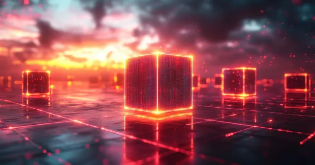 Neon holographic cubes hover above a glowing grid with fiery red-orange light trails.