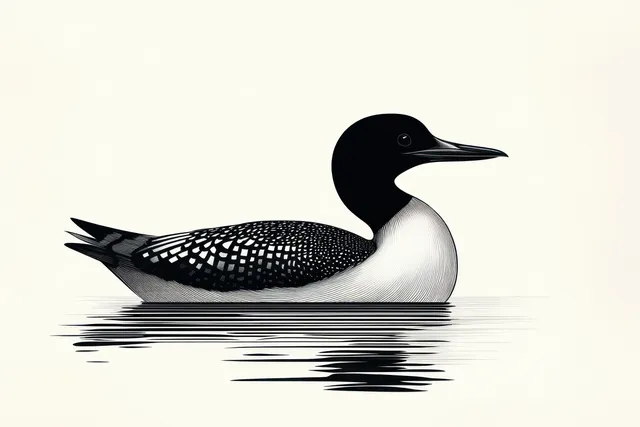 Black and white loon floating on lake water, detailed ripples and reflections