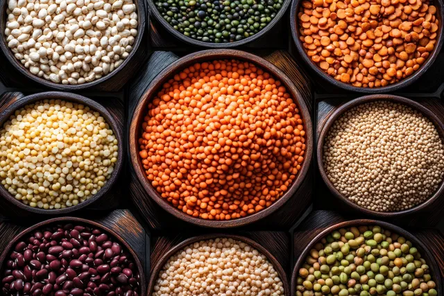 Wooden bowls arranged in a grid filled with colorful dry lentils and beans, photographed from above.