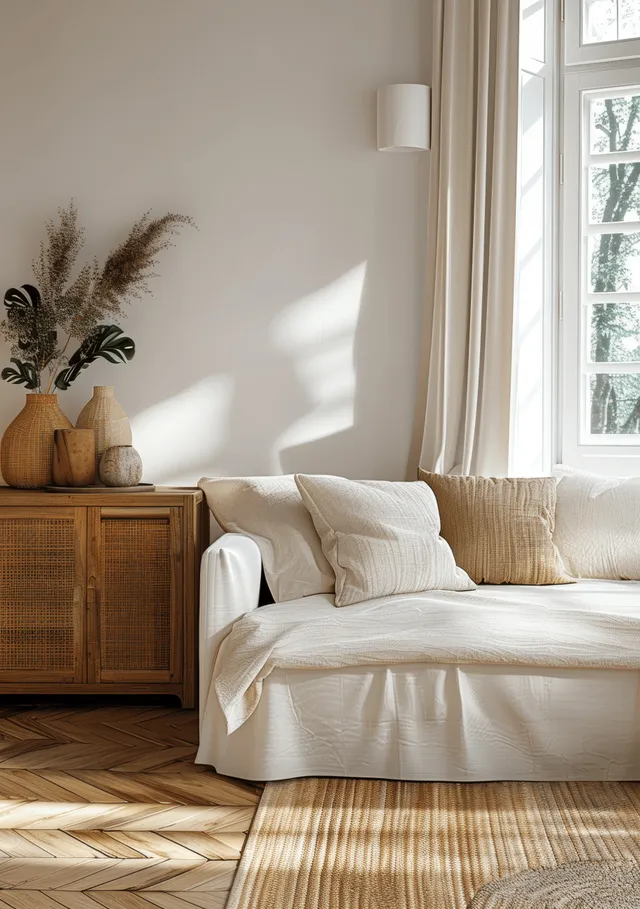 A white sofa and wooden sideboard sit in a sunlit coastal living room corner with window shadows and linen pillows.