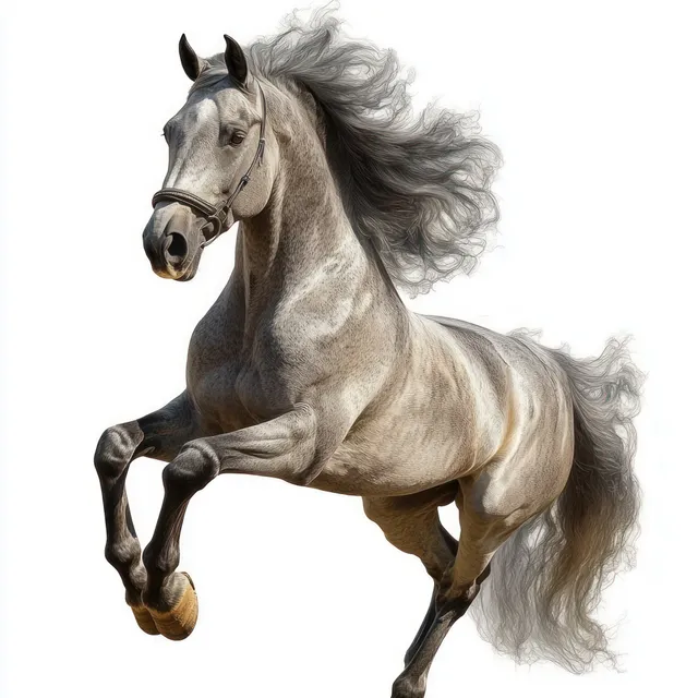 Gray horse galloping mid-stride with flowing mane and raised forelegs on a white background.