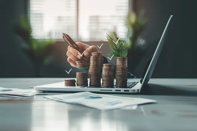 A businessman marks a checkmark on a quality checklist with a pen beside a laptop and coin stacks on a desk.