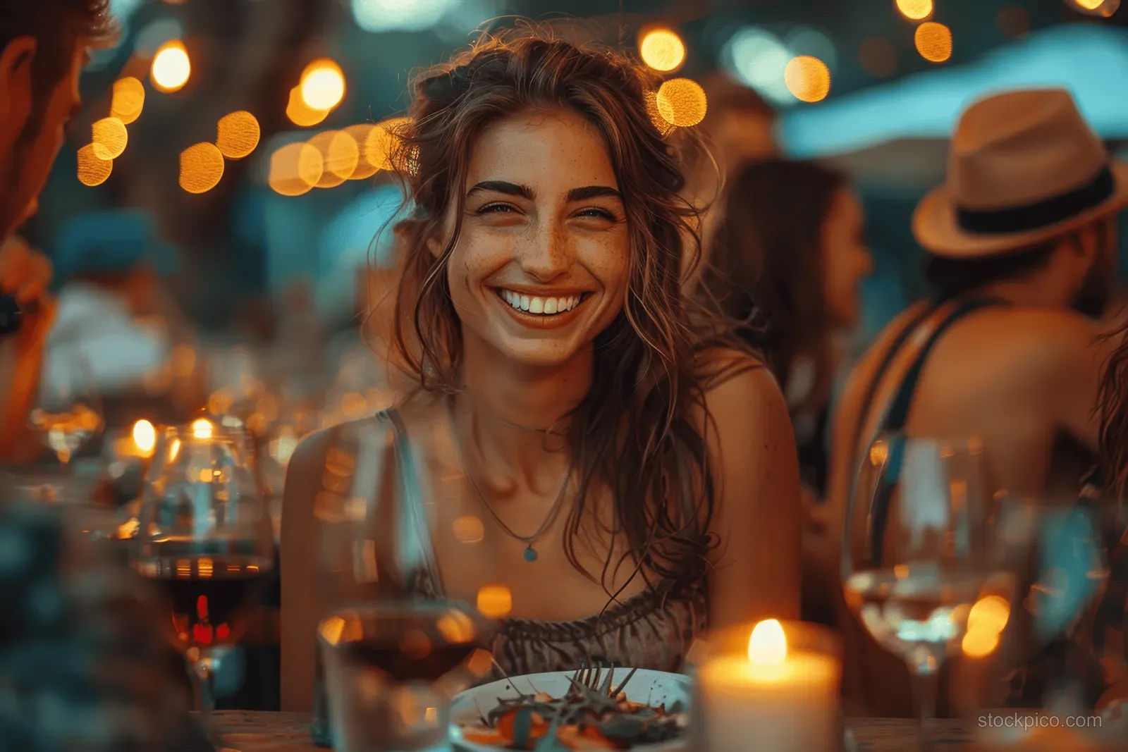 A smiling young woman dining outdoors at night with warm string lights and candles at the table.
