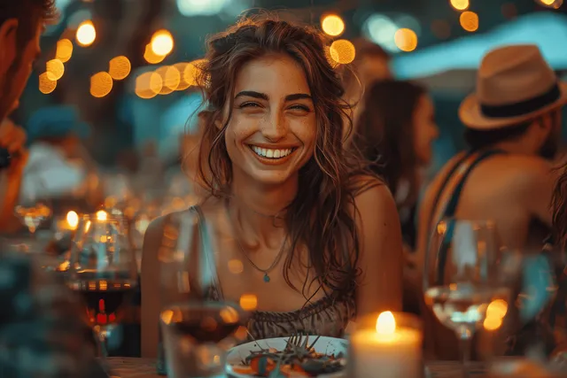 Smiling young woman dining at outdoor evening table under warm string lights