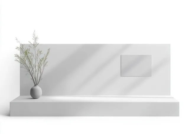 Minimalist white shelf holds a round vase with green branches while soft shadows fall across a blank wall frame.