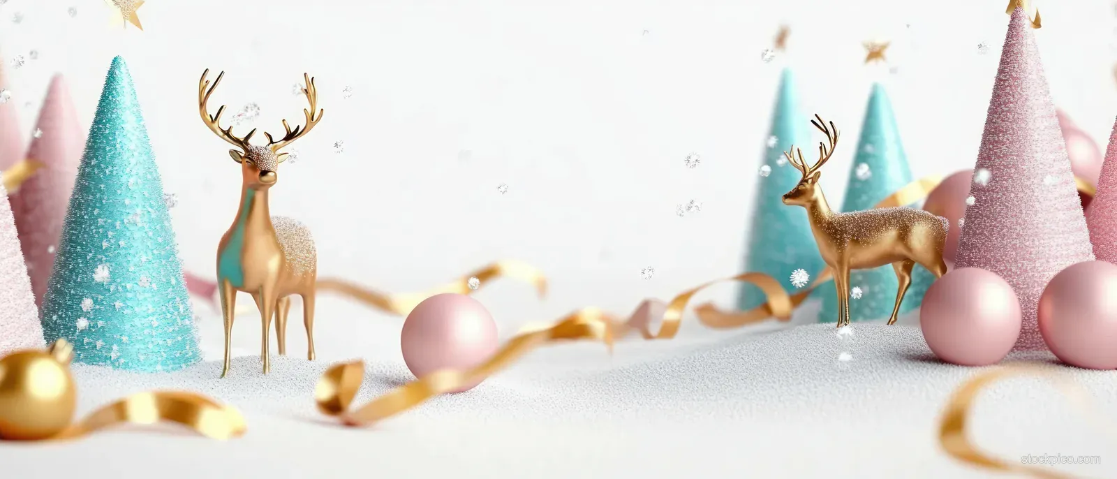 Golden reindeer statues pose beside pastel Christmas trees with sparkling candy spheres on a white studio background.