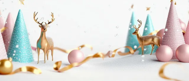 Golden reindeer statues pose beside pastel Christmas trees with sparkling candy spheres on a white studio background.