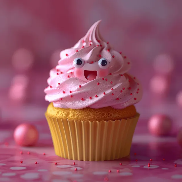 A 3D pink cupcake with a smiling cartoon face and sprinkles sits on a pink surface with blurred bokeh lights.