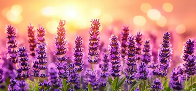 Lavender flower spikes blooming in warm sunlight with a soft bokeh background of glowing light spots.