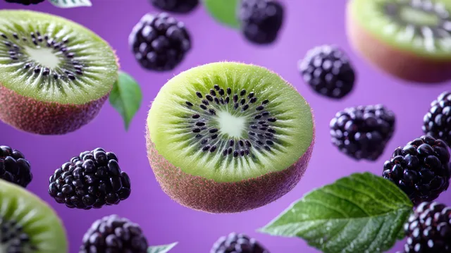 Sliced kiwi rounds and blackberries float on a vivid purple background with fresh green leaves.