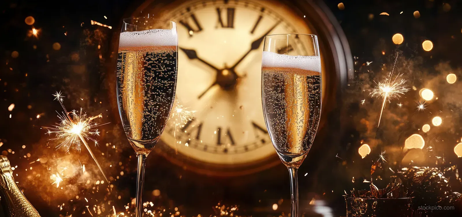 Two champagne flutes clink behind a midnight clock while golden sparklers and confetti sparkle in dark party light.