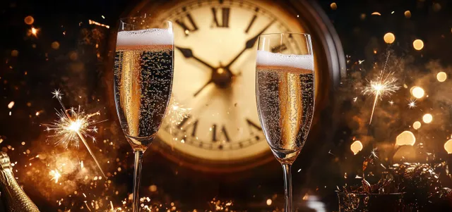 Two champagne flutes clink behind a midnight clock while golden sparklers and confetti sparkle in dark party light.
