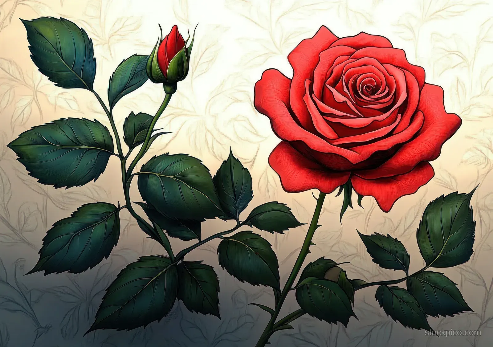 A red rose and green leaves with a rosebud illustration on a soft cream textured background.