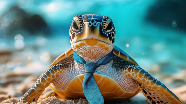 Sea turtle close-up wearing a blue tie on a sandy beach with a blurred turquoise ocean background.