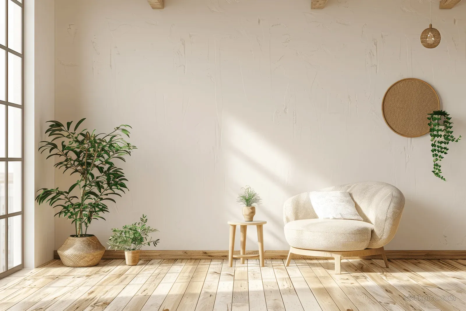 Minimalist living room with a beige armchair, potted plants, wooden floor, and white wall bathed in daylight.