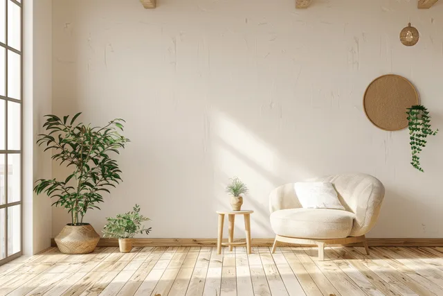 Minimalist living room with a beige armchair, potted plants, wooden floor, and white wall bathed in daylight.
