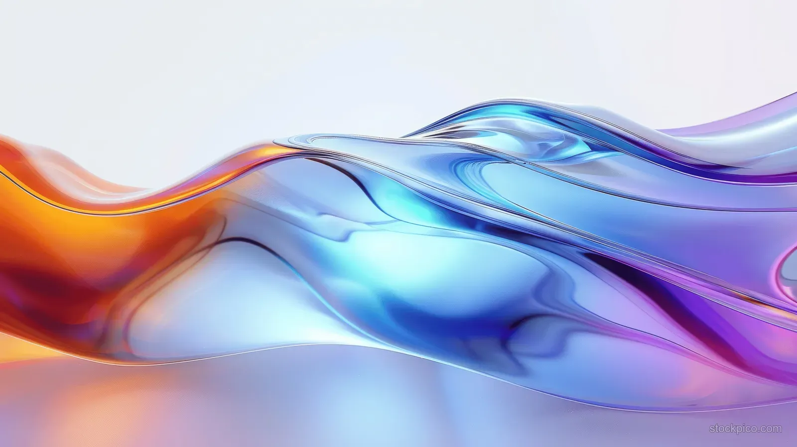 Iridescent blue and purple wavy liquid-glass ribbon with reflective refraction under studio lighting.