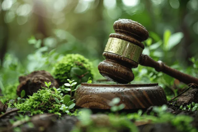 A wooden gavel sits on moss and green leaves in a forest, symbolizing environmental law.