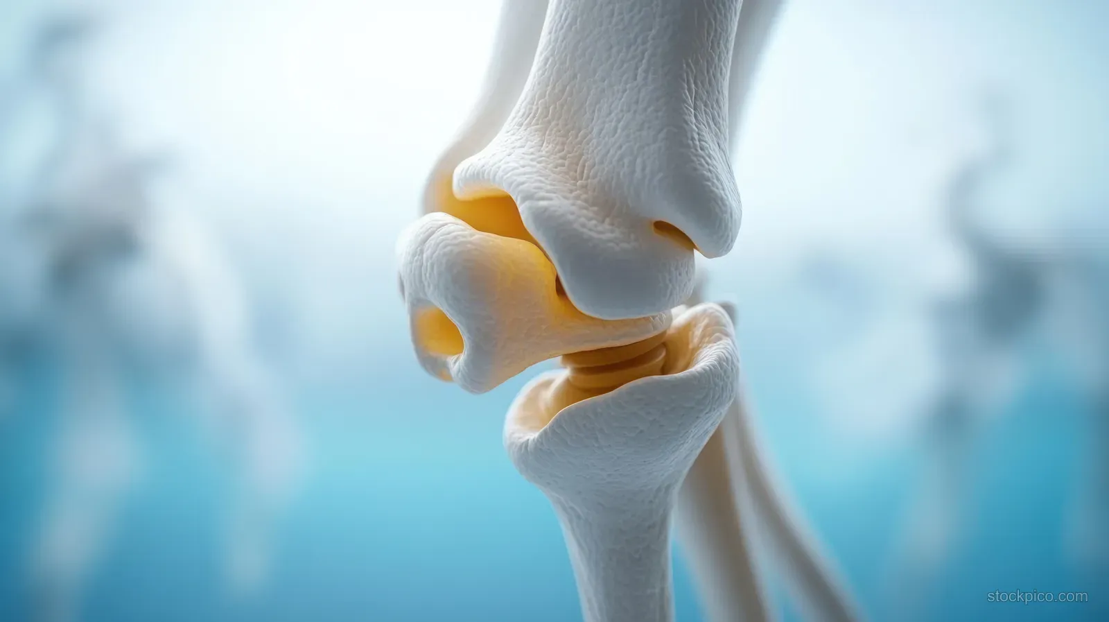 3D knee joint rendering with highlighted cartilage and diffused soft blue background lighting.