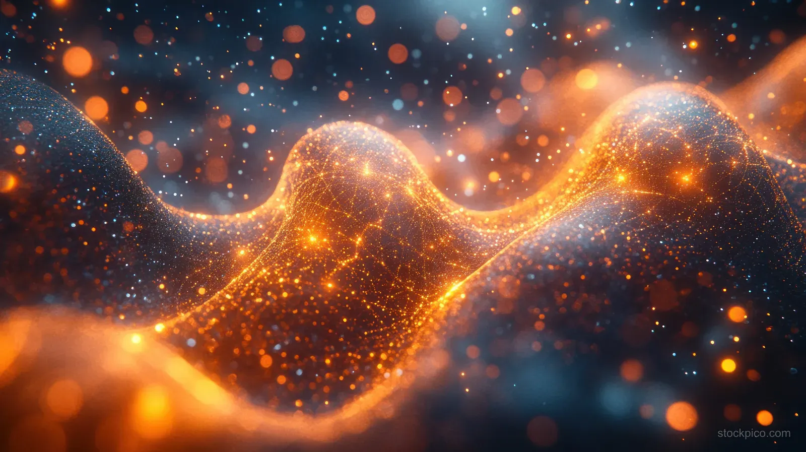 Glowing orange particle waves form a flowing hair-like fiber structure on a dark background.
