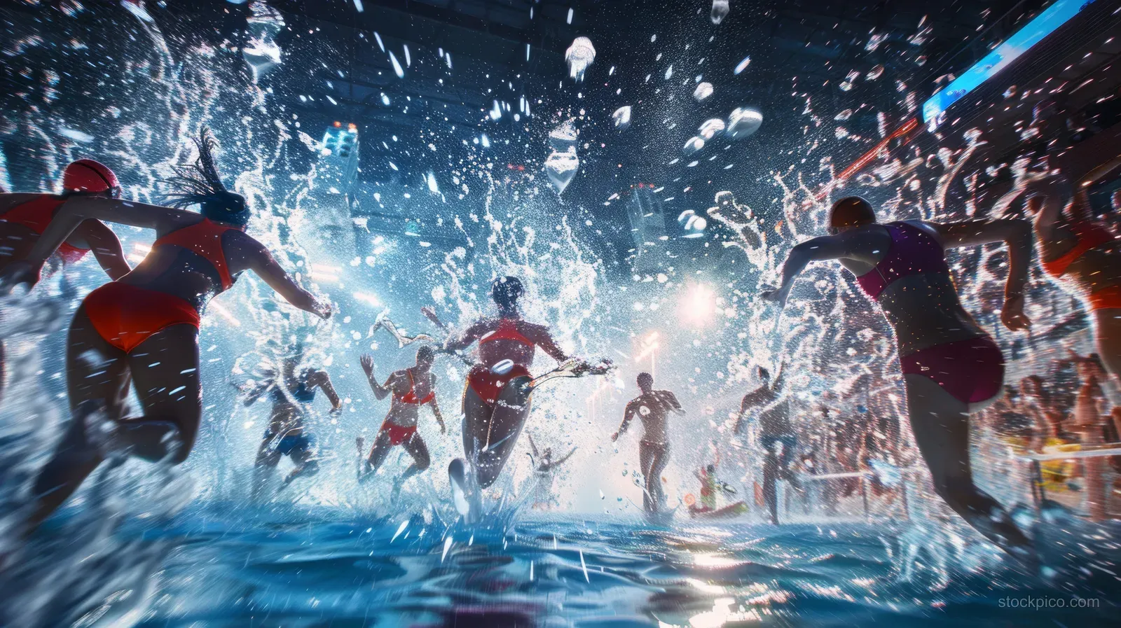 Women swimmers dive in a relay race start with teammates in the background and water splashing across the pool.