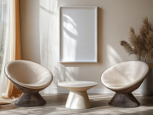 Two light chairs and a minimalist white table sit in a bright Scandinavian living room with window light shadows.