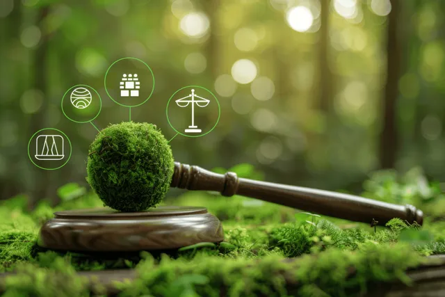 Gavel and carbon-credit symbol over mossy Earth globe in green court-like setting