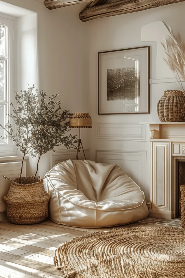 Sunlit Scandinavian boho living room corner with beige bean bag, rattan lamp, framed wall art, and plants in woven baskets.
