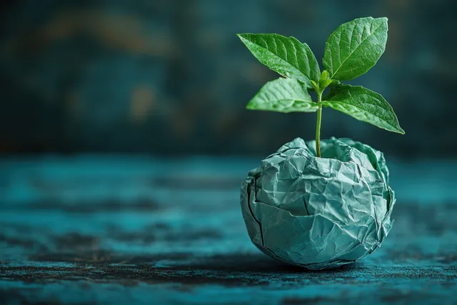 Green seedling sprouting from crumpled paper ball on teal textured surface