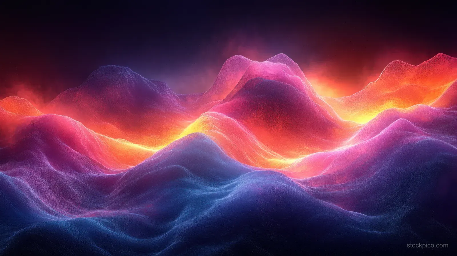 Neon magenta, purple, and orange light waves ripple across a dark scene with glowing peaks and luminous curves.