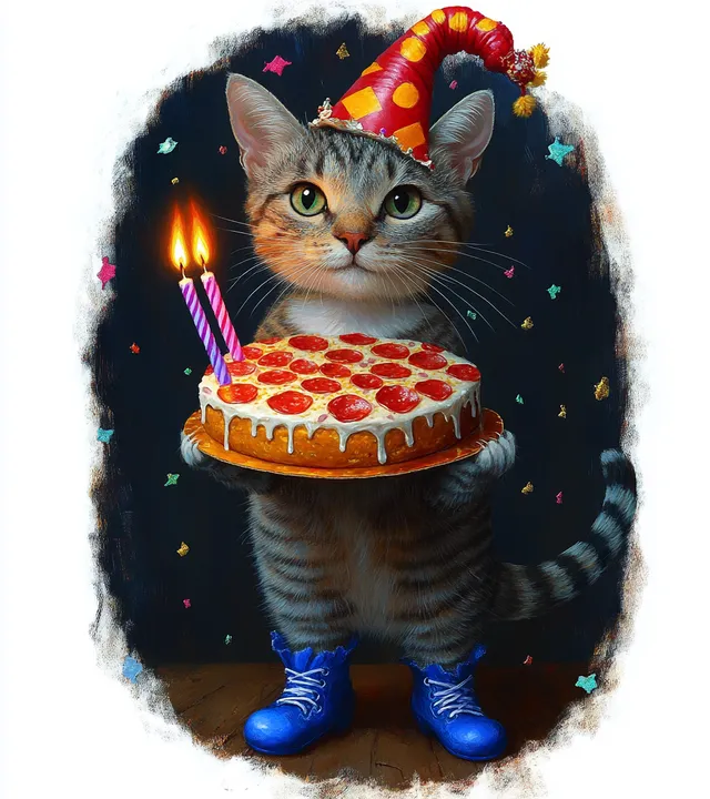 Tabby cat in red party hat and blue boots holding pepperoni pizza with birthday candles with Cake Like Candle Setting