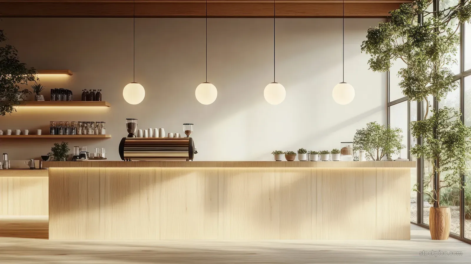 Wooden coffee shop counter under round pendant lights with potted plants and sunlit large windows.