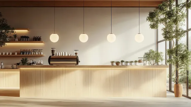 Minimalist coffee shop interior with wooden counter, pendant lights, plants, and bright window daylight