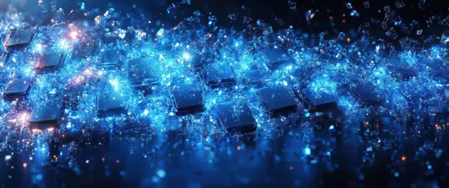 Ícones de cubos azuis brilhantes espalham-se sobre um fundo espacial azul profundo com luz semelhante à das estrelas.