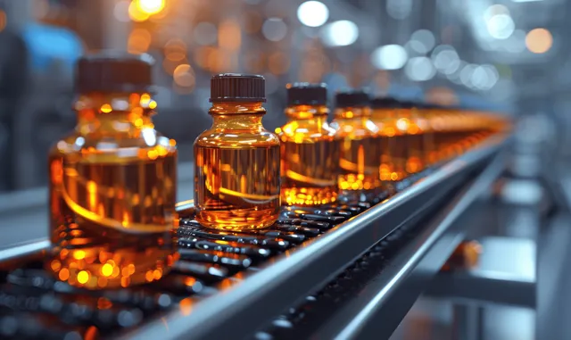 Amber medicine vials on a conveyor belt in a sterile pharmaceutical production line as a technician checks them.